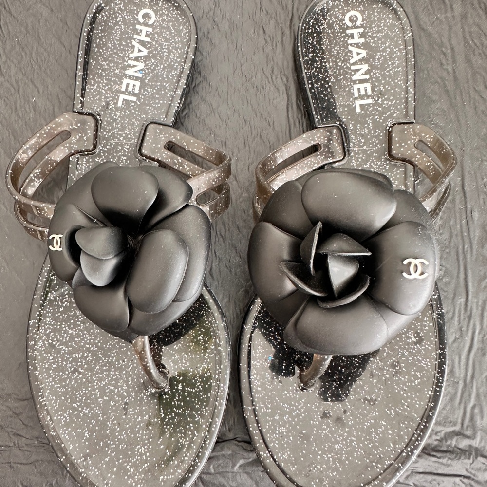 Chanel Black Women's Jelly Camelia Thong Flat Sandals
